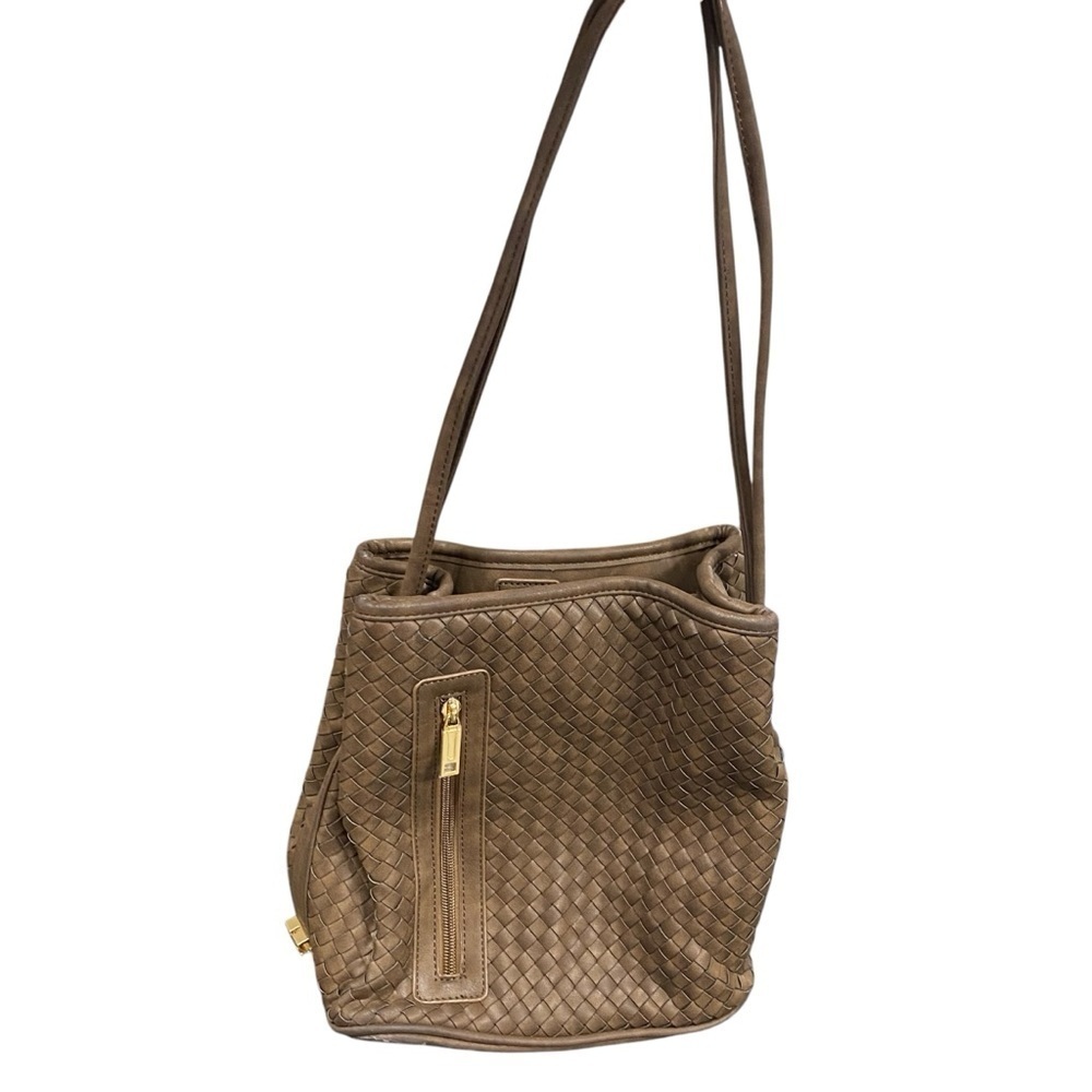 Samoe Brown Faux Leather Woven Texture Square Top Handle Shoulder Bag